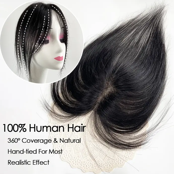 Topper de cheveux humains avec frange de rideau