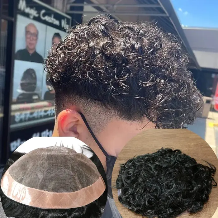 Prothèses capillaires pour hommes en cheveux naturels, ultra-résistantes, mono 20MM, bouclées, systè