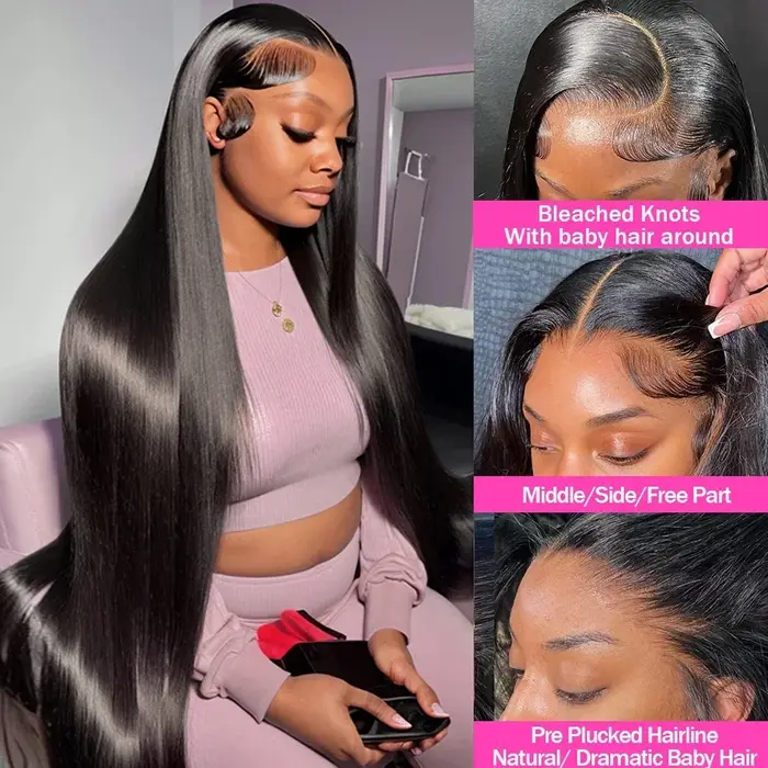 Perruques pré-épilées en cheveux humains Remy lisses, longues, densité 200, avec dentelle transparen