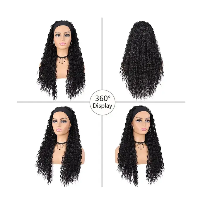 Perruque à bandeau longue de 24 pouces, bouclée et profonde, noire, synthétique, résistante à la chaleur, pour femmes, usage quotidien