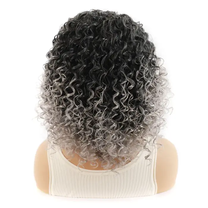 Jeedou perruque de cheveux courts bouclés avec frange perruques pour femmes noir gris mélange couleur coiffure moelleuse