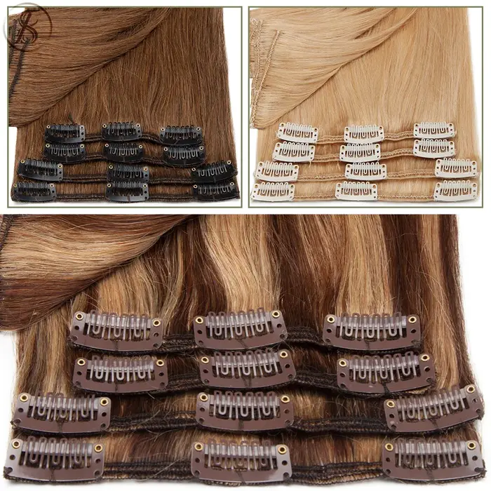 TESS-Extensions de Cheveux Naturels Lisses à réinitialisation, Postiche, Tête Complète, Surbrillance Fine, 50-80g, 8 Pièces/Ensemble
