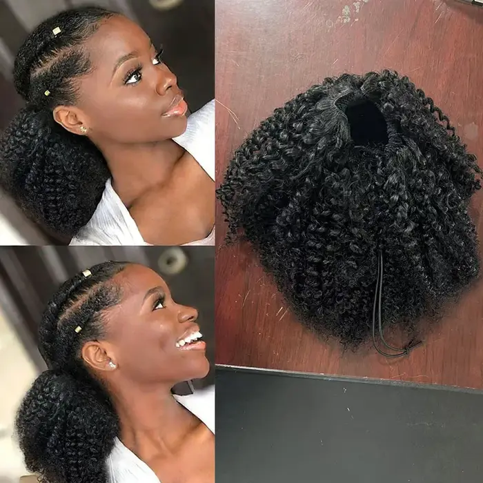 Queue de cheval afro bouclée en cheveux humains avec cordon de serrage, postiche 100% cheveux nature