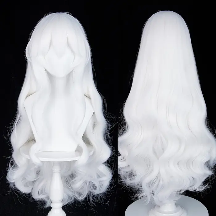 Perruque longue ondulée blanche avec frange, perruque synthétique moelleuse pour femmes, perruque po