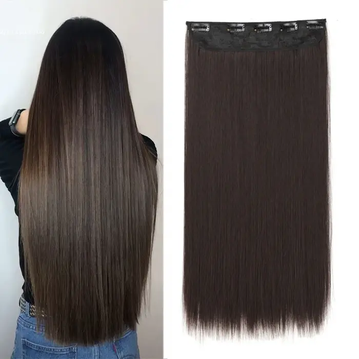 WIGSIN 60 cm synthétique longue droite pince en une seule pièce Extension de cheveux 5 Clips brun noir résistant à la