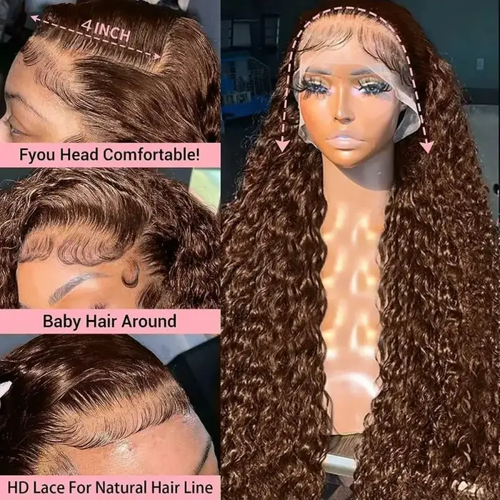 Perruque Lace Front Wig naturelle bouclée, cheveux humains, brun chocolat, densité 200%, Deep Wave,