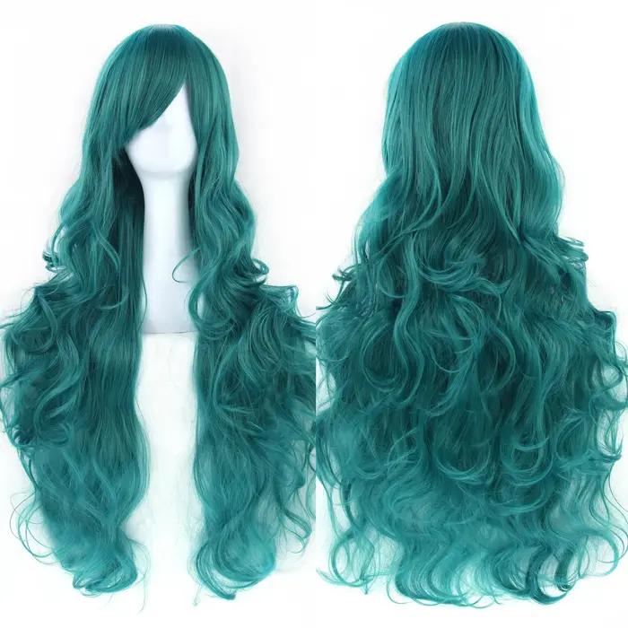 Soowee cheveux synthétiques longs bouclés perruque verte postiche rose noir fête