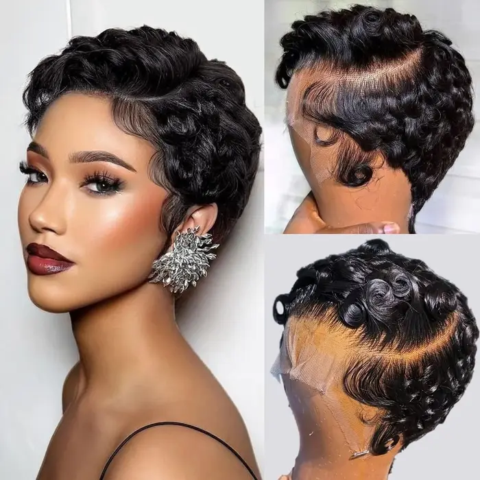 Perruque brésilienne Remy Deep Wave Pixie Cut 13x4 Lace Front, ligne de cheveux pré-épilée, style on