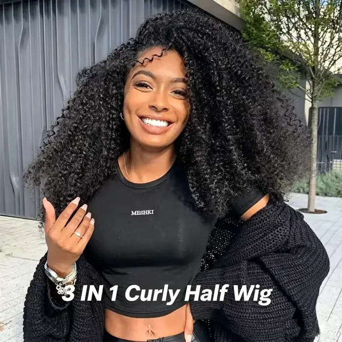 Perruque mi-tête 3-en-1 à ondulations bouclées en cheveux humains