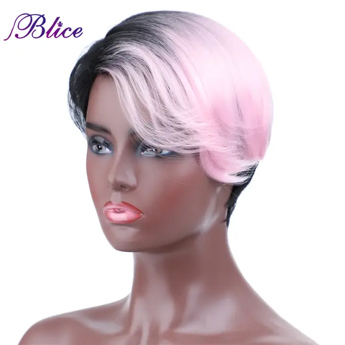 Blice-Perruque Synthétique Courte pour Femme, Perruques Colorées, Bouclée Naturelle, Frange Latérale, Fabriquée à la Machine, Mélange de Documents, Rouge Noir et Rose