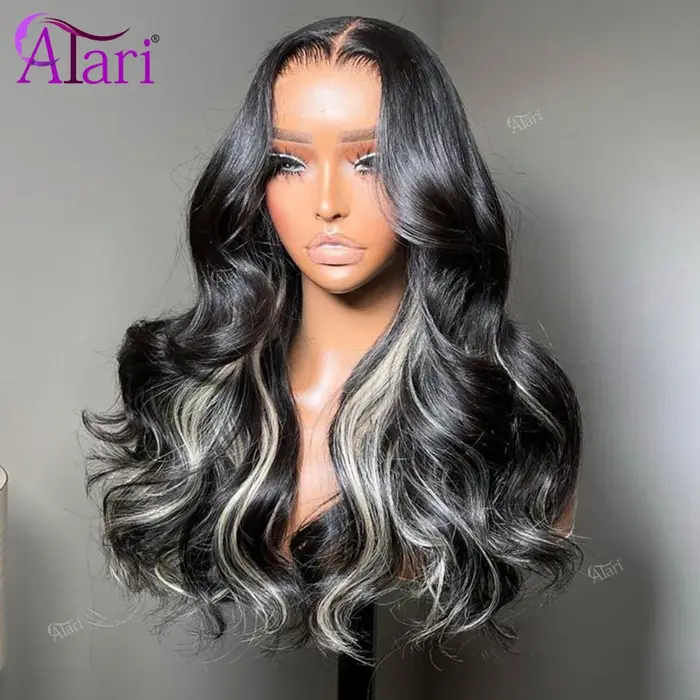Perruque Lace Frontal Wig Body Wave brésilienne naturelle, cheveux humains, à reflets bruns et blond