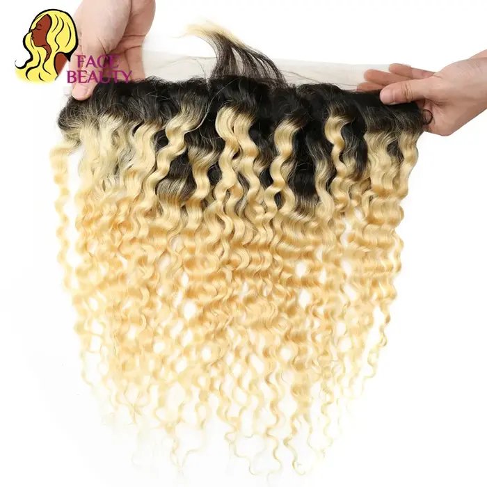 Facebeauty 1B 613 Remy Brazilian Curly Frontal Honey Blonde Ombre Cheveux Humains 13*4 Pré-Plucké de l'oreille
