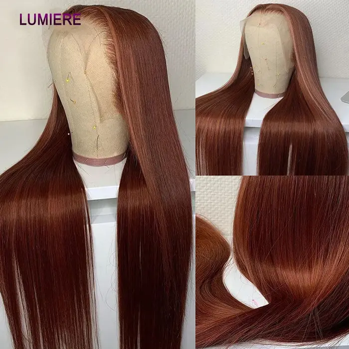 # Mèches brésiliennes 100% naturelles lisses, brun Auburn, avec Lace Frontal Closure transparente HD, Extension de cheveux vierges, 33