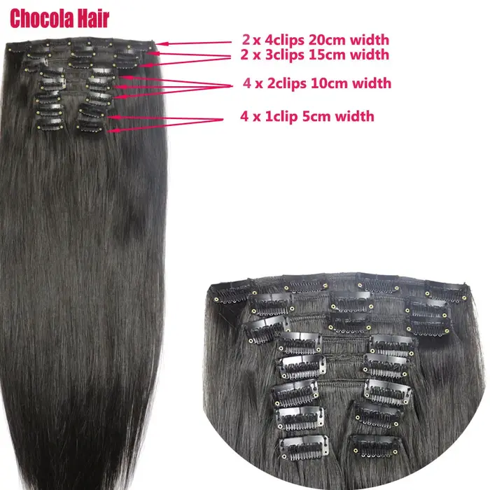 Chocola Clip en 100% Extensions de cheveux humains brésiliens Remy pleine tête 16 "-28" 12 pièces en