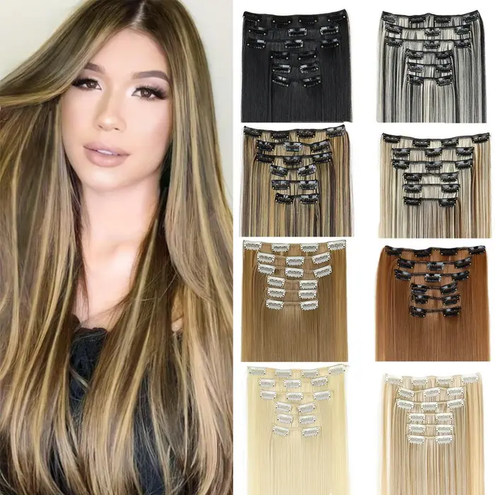Extensions de cheveux synthétiques à clipser, mèches blondes longues et lisses, postiches complètes épaisses pour femmes et filles, lot de 6 pièces