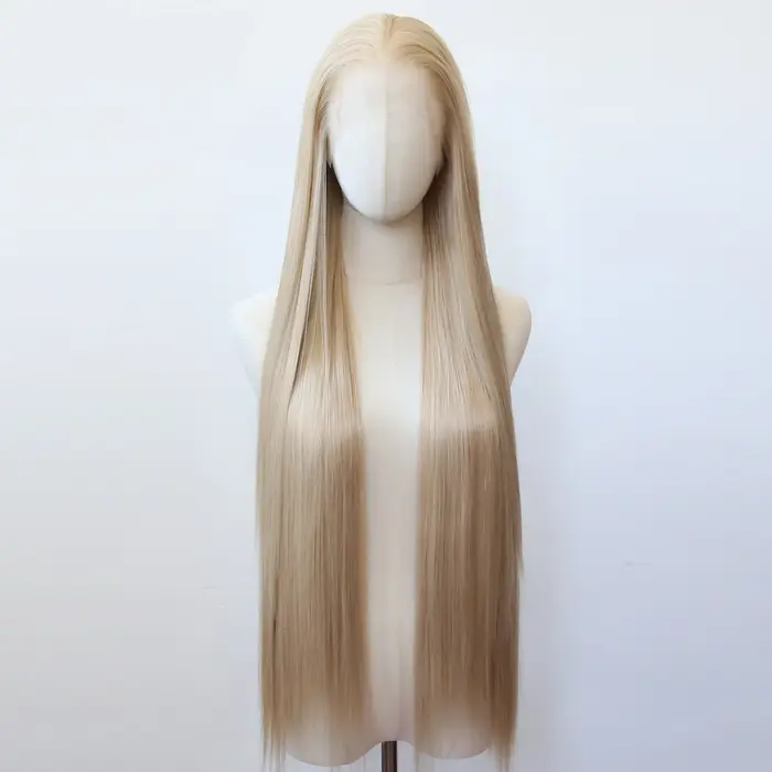 Perruque Lace Front Wig synthétique marron lin 40 pouces, perruque synthétique longue et lisse en li