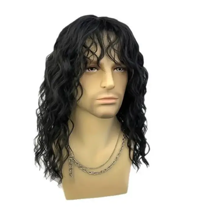Perruque synthétique noire naturelle de 18 pouces, cheveux longs bouclés pour hommes, usage quotidie