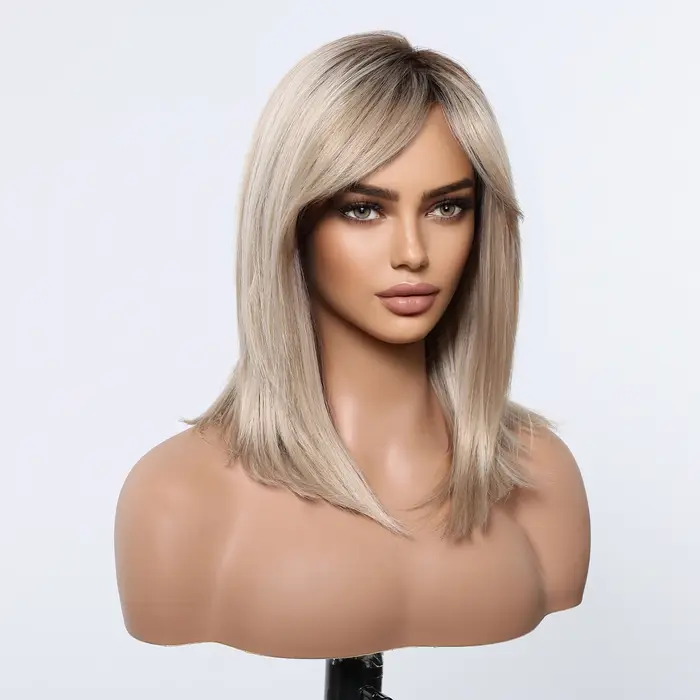 Perruques synthétiques lisses mixtes blondes platine, perruque mi-longue à racine foncée avec frange