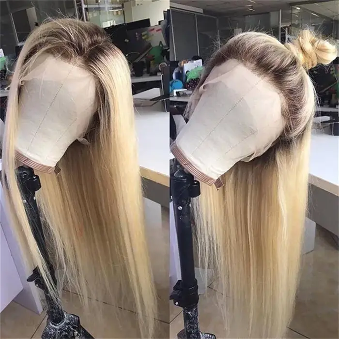 Perruque Lace Frontale 13x6 en Cheveux Humains, Couleur Ombré Blond 1B613, Pré-épilée, Lisse Baguett