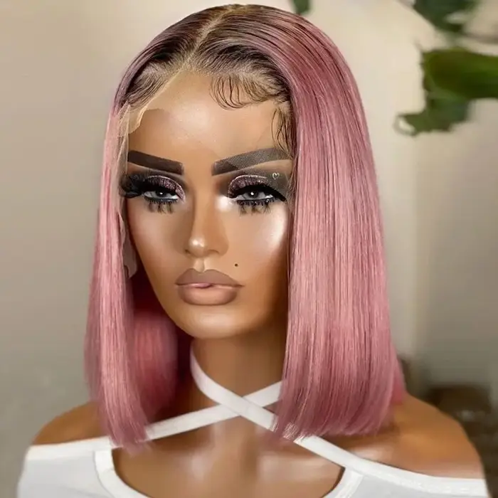Perruque Bob Lace Front Wig naturelle lisse rose ombré, cheveux courts, Transparent, nœuds décolorés