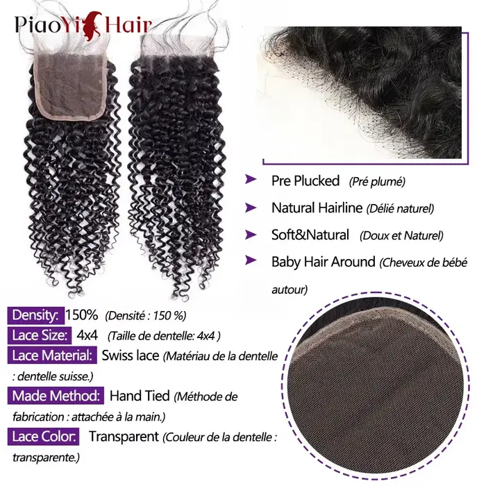 Paquets de cheveux humains bouclés birmans 12A avec fermeture paquets de cheveux humains 100% bruts 