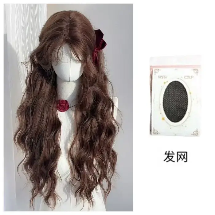 Perruque femme automne châtain marron laine rouleau paresseux tempérament longs cheveux bouclés simu