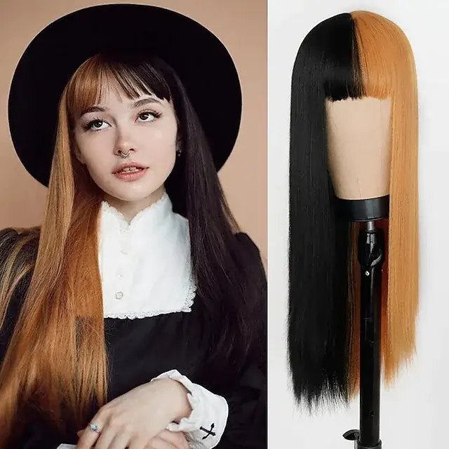 Perruques pour femmes perruque jaune et noire cheveux longs raides