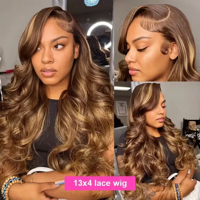 Perruque Body Wave Ombrée 30-36 Pouces, Couleur 4/27, Cheveux Humains HD, Perruques Lace Front 13x4 