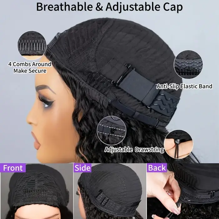 Perruque mi-tête bouclée birmane, densité 200, design 3-en-1 sans couture, sans colle, en cheveux hu