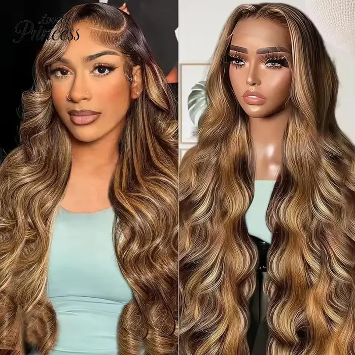 Perruque Body Wave P/427 Blond Miel avec Mèches, Cheveux Humains, Perruques Lace Front 13x4 13x6, Pe