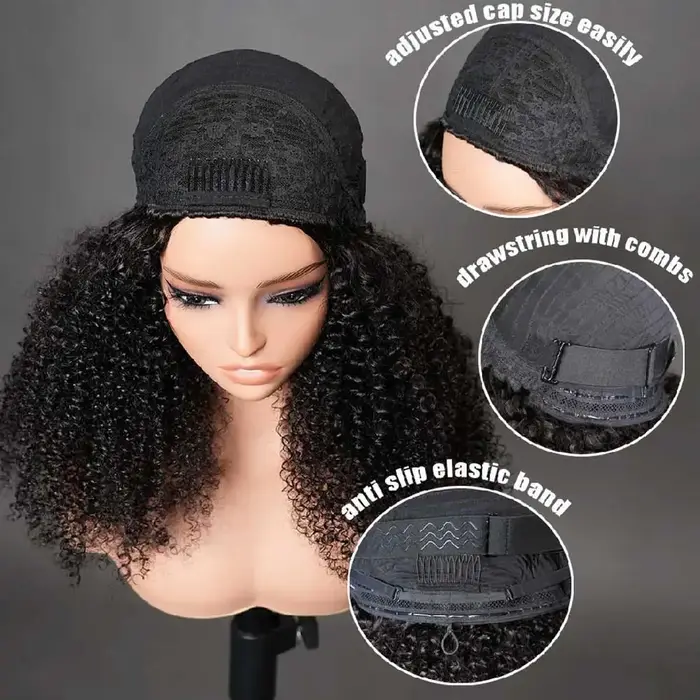 Demi-perruque cheveux humains crépus bouclés 3 en 1 perruque