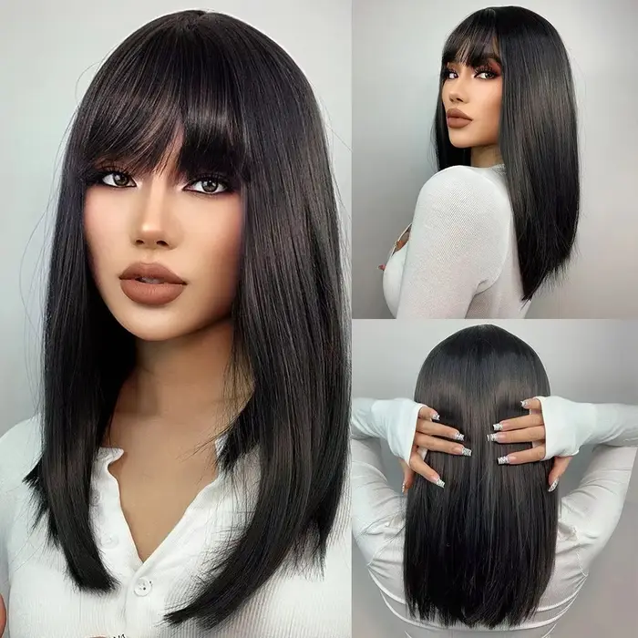 Perruque synthétique tendance avec des cheveux ondulés mi-longs dans un style au niveau du menton, f