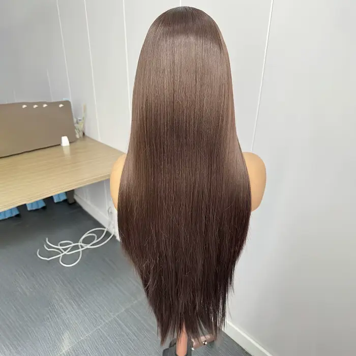 Perruque Lace Front Wig synthétique brune longue et lisse pour femmes, cheveux bruns, brun chocolat 