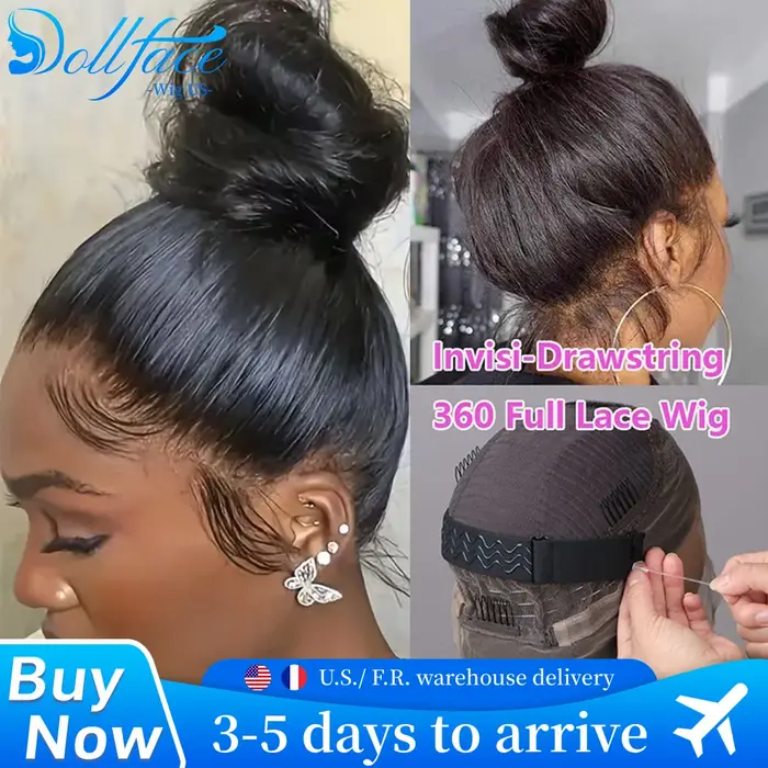 Perruque Lace Wig 360 Full Hd, cheveux naturels lisses, sans colle, avec cordon de serrage Invisible