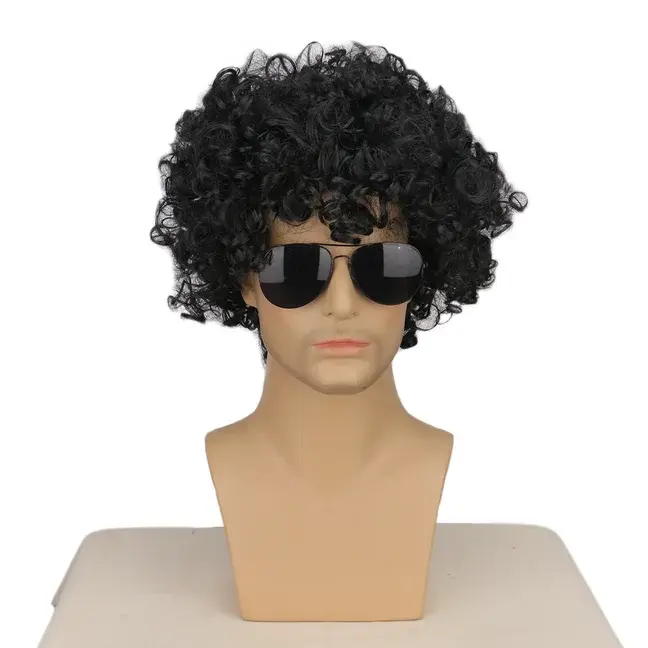Perruque synthétique courte bouclée noire pour homme