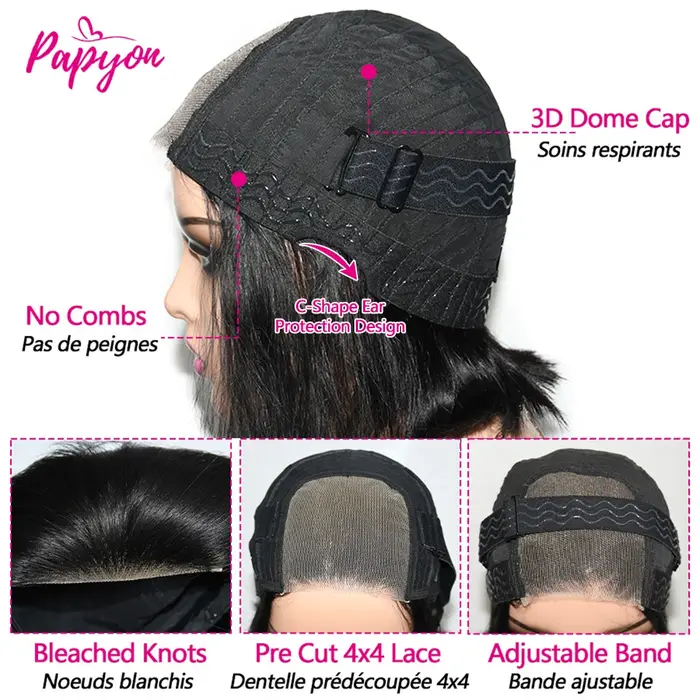200% Density Perruque Bob Bouclé Water Wave Sans Colle Pour Femme de Fermeture en  Bouclée Dentelle 