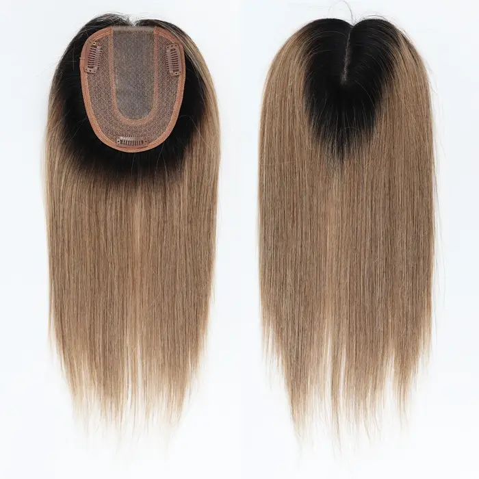Topper de Base en soie blonde ombrée avec clips en Extensions de cheveux humains européens bicolores de 14 pouces pour