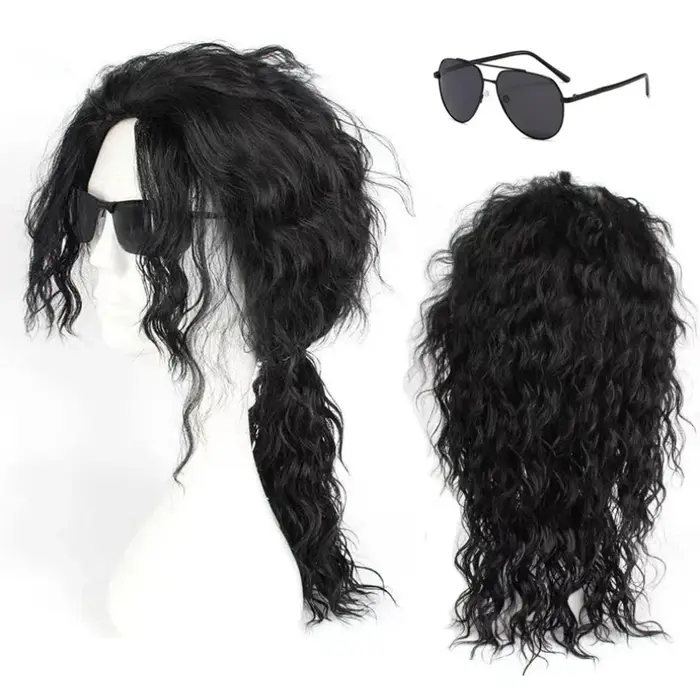 Perruque noire mi-longue bouclée pour cosplay Michael Jackson
