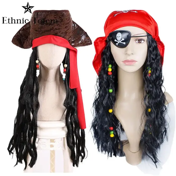 Perruque de chapeau marron de capitaine Pirate pour adulte