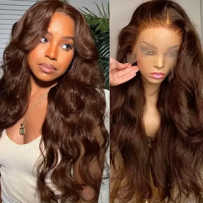 Vague de corps brun chocolat 13x6 HD dentelle avant perruques de cheveux humains 200 densité HD