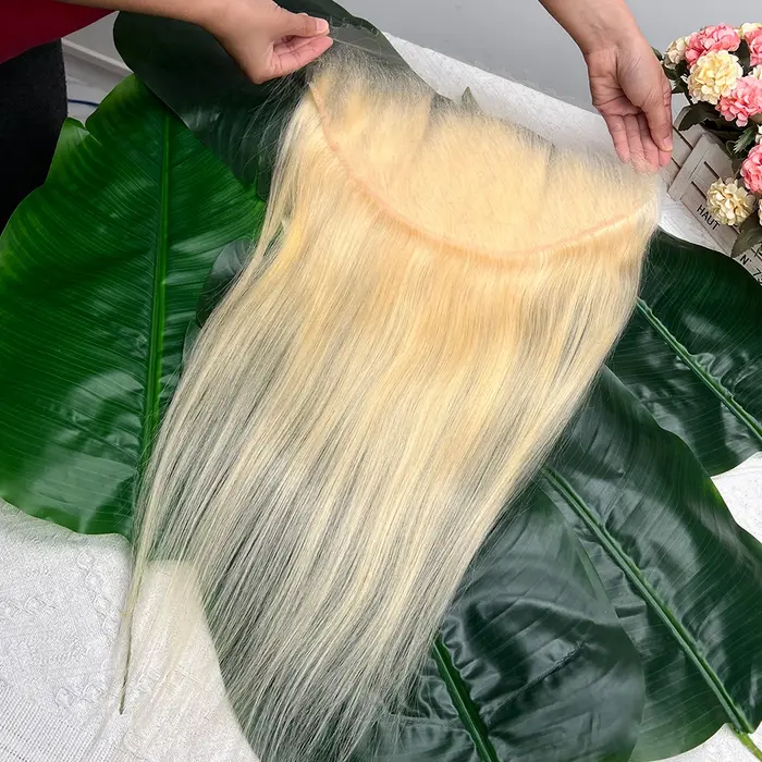Frontale en dentelle invisible HD 13x6 # 613 cheveux humains droits colorés blonds pré-épilés nœuds 