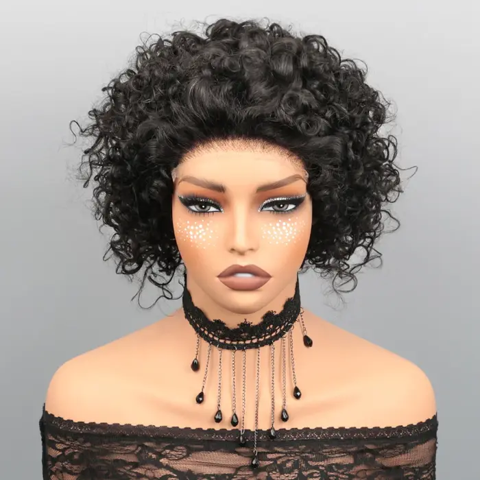 Perruque courte bouclée HD sans colle, coupe pixie, en cheveux humains, avec closure HD 5x5, 8 pouce