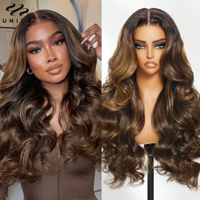UNice cheveux Balayage met en évidence moelleux vague lâche rideau frange perruque avec cordon sans colle 7x5 13x4 cheve