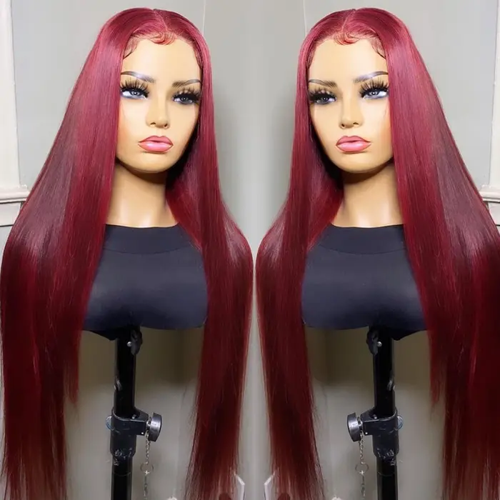 Tuneful-Perruques de cheveux humains sans colle, Perruques de couleur rouge bordeaux, Prêt à porter,