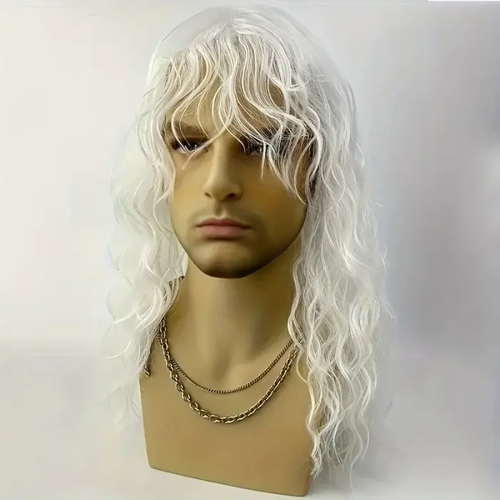 Perruque bouclée blanche pour hommes avec frange – Cheveux synthétiques ondulés naturels pour cosplay