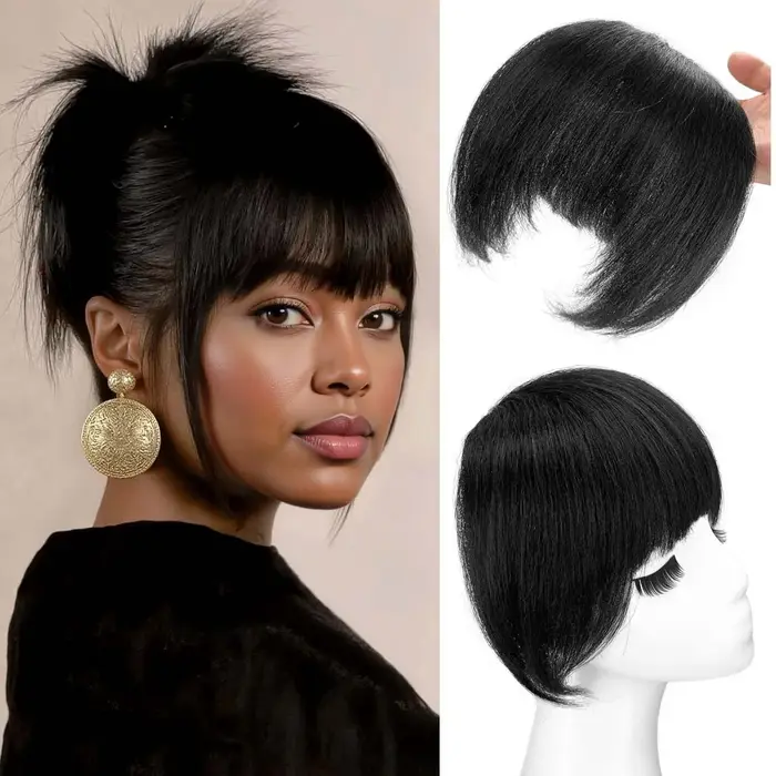 Extensions de cheveux synthétiques Yaki à frange droite pour femmes, frange noire avec branches, pos