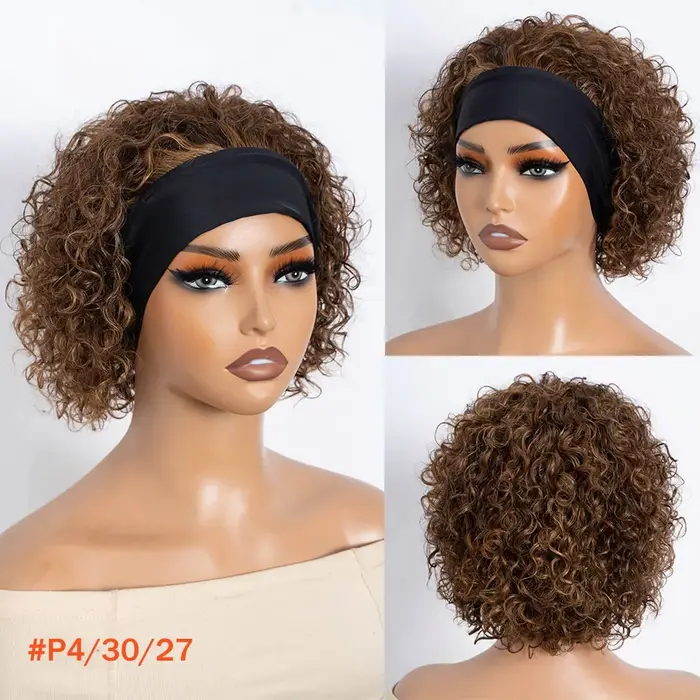 Perruque bandeau bouclée bob brésilien noir naturel, cheveux humains, sans colle, prête à porter, sa