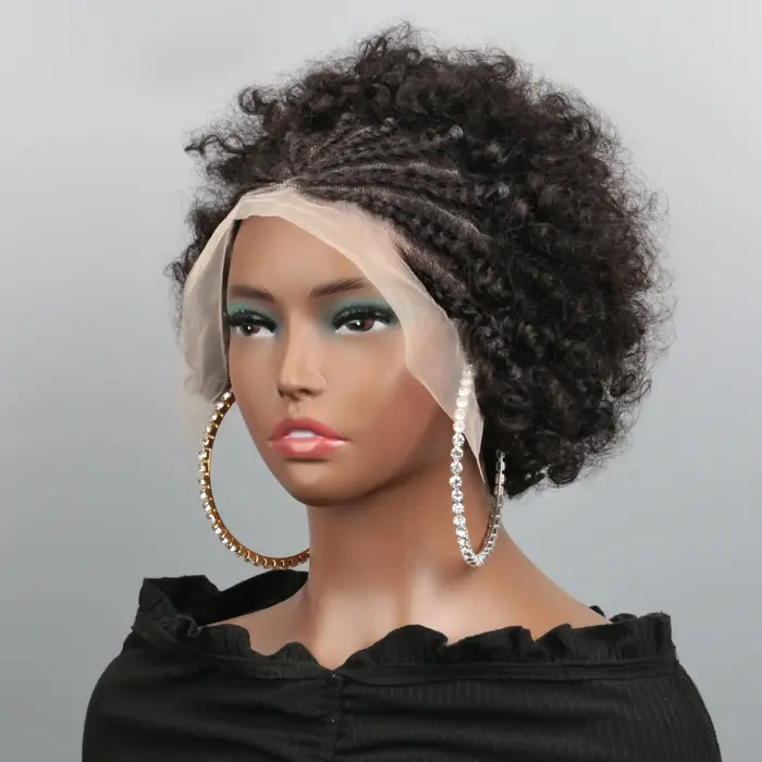 Perruques tressées bouclées afro kinky en cheveux humains, densité 180, pré-tressées, avec frontal e