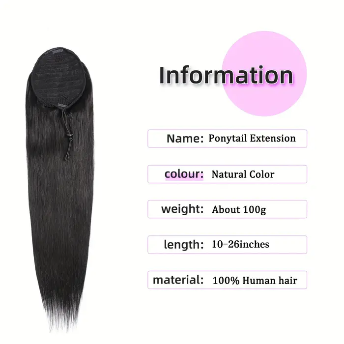 10-26 pouces longue droite cordon queue de cheval Extensions 100% cheveux humains enrouler autour du Clip