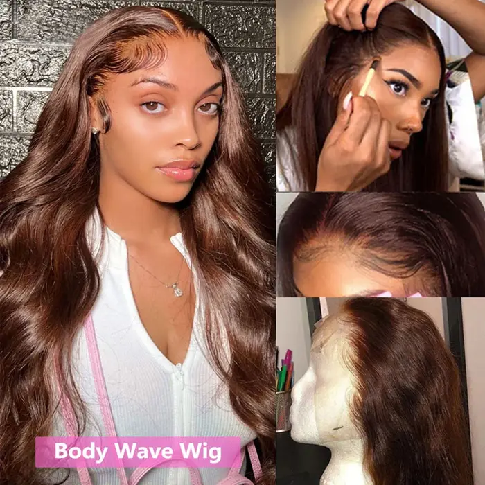 Perruque Lace Front Wig Body Wave brésilienne naturelle, cheveux naturels, brun chocolat, 13x4, pre-